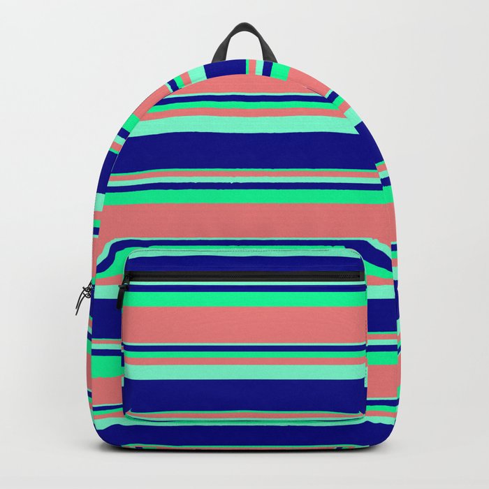 Aquamarine, Dark Blue, Green & Light Coral Colored Stripes Pattern Backpack