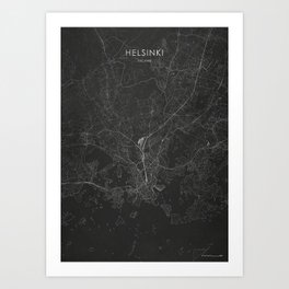 Silver Helsinki City Map Art Print | Roadmap, Capitalcity, Travel, Blackbackground, Coastline, Finland, Capital, Silverhelsinkimap, Helsinki, Citymap 