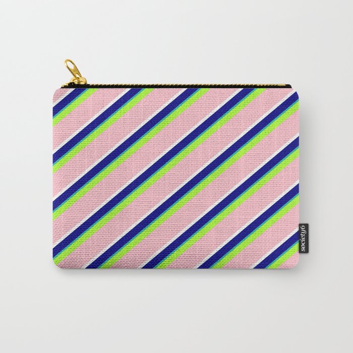 Vibrant Light Green, Pink, White, Blue & Light Sea Green Colored Lined/Striped Pattern Carry-All Pouch