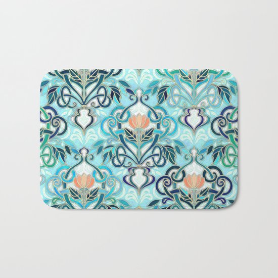 Ocean Aqua Art Nouveau Pattern with Peach Flowers Bath Mat