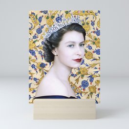 Queen Elizabeth II with Vintage Gold Floral Tapestry Mini Art Print