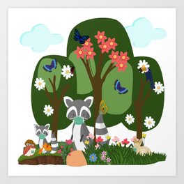 Animals in a mask on a green meadow Art Print | Flowers, Holiday, Trees, Bird, Funny, Obloko, Hedgehog, Petday, Greenery, Bright 