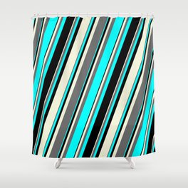 [ Thumbnail: Beige, Dim Grey, Aqua & Black Colored Lines/Stripes Pattern Shower Curtain ]