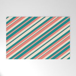 [ Thumbnail: Salmon, Beige & Dark Cyan Colored Pattern of Stripes Welcome Mat ]