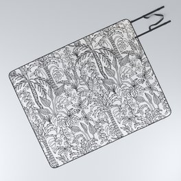 COLORING BOOK JUNGLE FLORAL DOODLE TROPICAL PALM TREES WITH TOUCAN in BLACK AND WHITE Picnic Blanket
