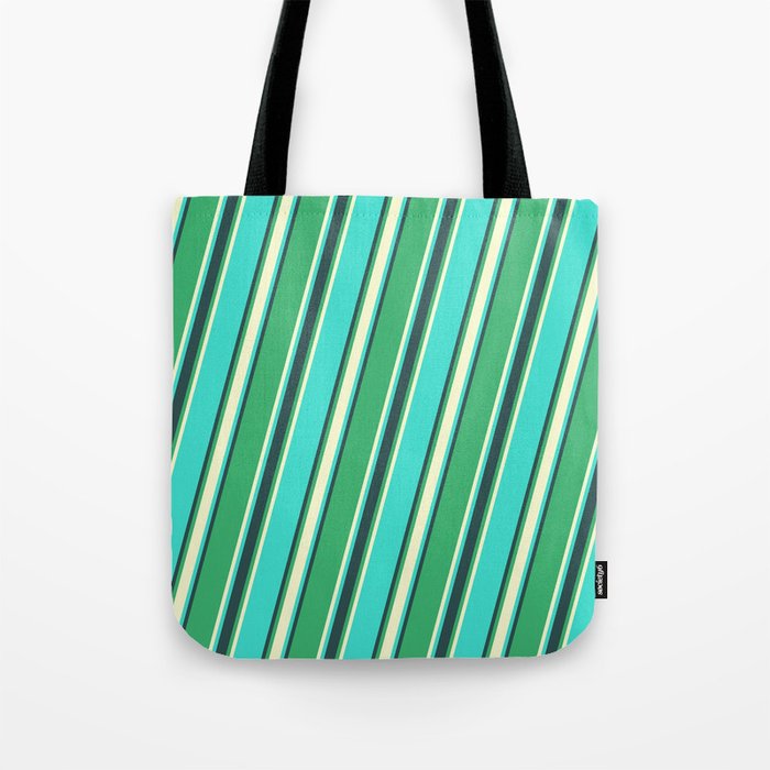 Sea Green, Light Yellow, Turquoise, and Dark Slate Gray Colored Striped Pattern Tote Bag