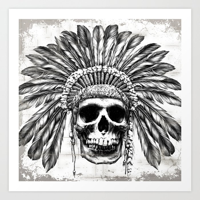 native american headdress and skull drawing