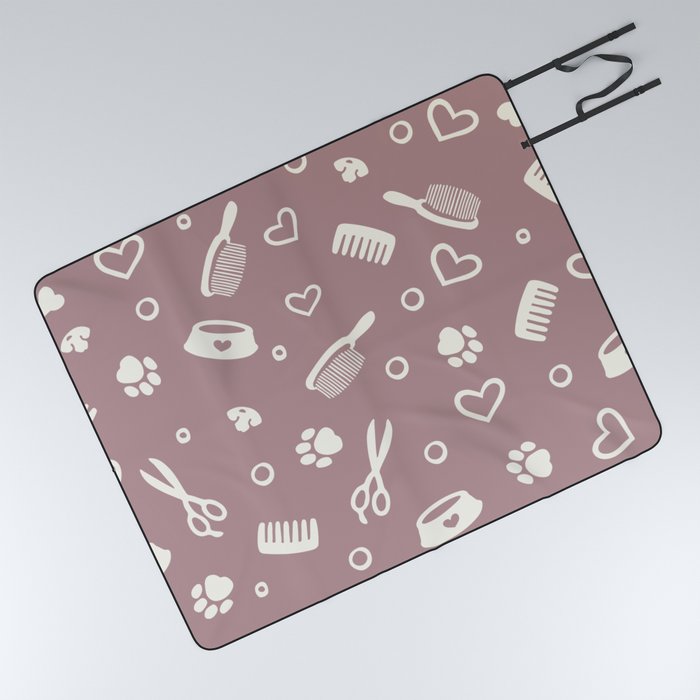 White Pet Hairdresser Tools on Rosy Brown Picnic Blanket