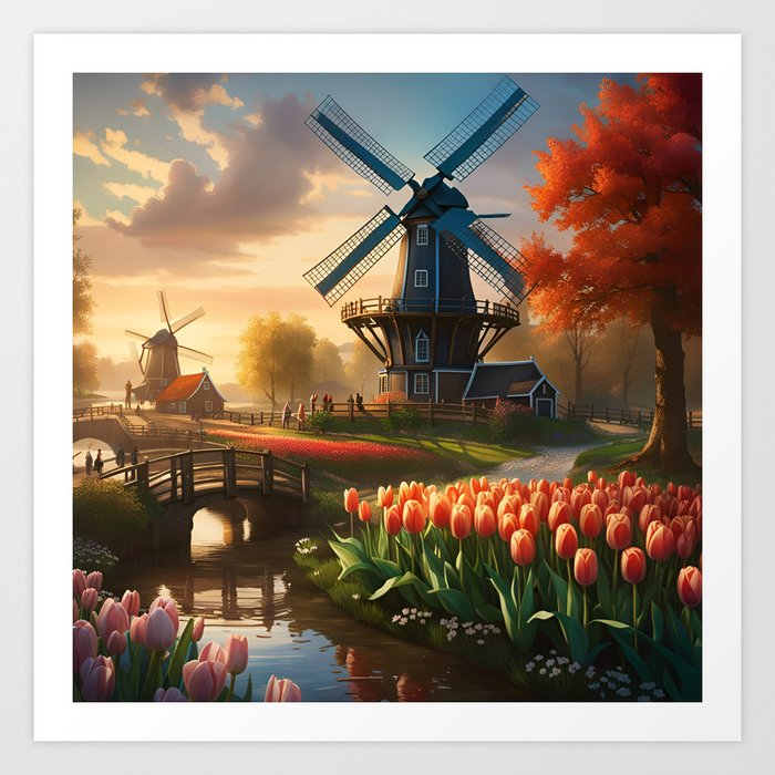 Windmill in Dutch Countryside by River with Tulips Art Print