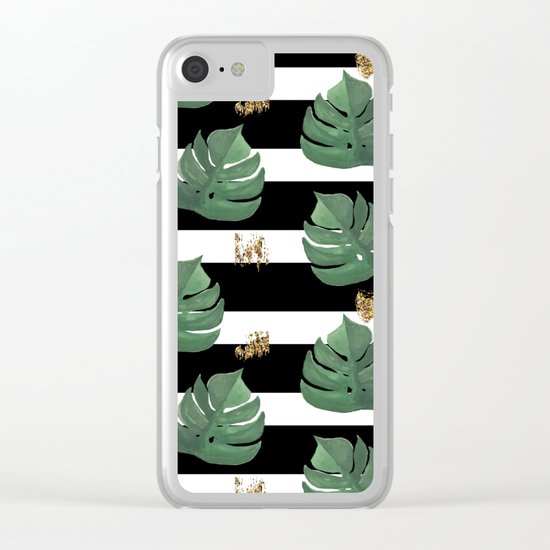 Seamless tropical leaves pattern on stripes background. Greens leaves of exotic monstera plant. Retr Clear iPhone Case
