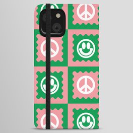 Funky Checkered Smileys and Peace Symbol Pattern (Pink, Green, White) iPhone Wallet Case