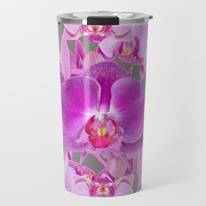 Ornate Pink & Purple  Butterfly Orchids  & Grey Colored Art Patterns Travel Mug