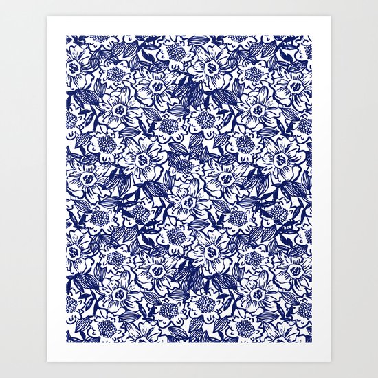 Indigo Florals watercolor painterly botanical boho pattern print nature spring summer monochromatic Art Print