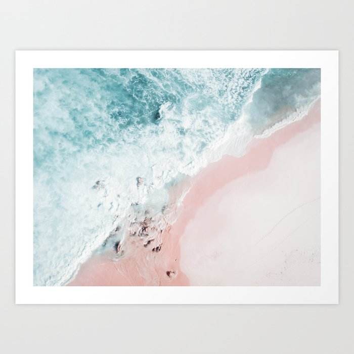 Aerial Ocean Print - Aerial Beach - Pastel Pink Sand - Sea -Travel photography by Ingrid Beddoes Art Print
