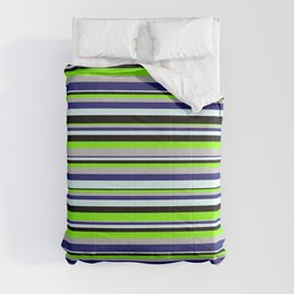 [ Thumbnail: Vibrant Chartreuse, Grey, Midnight Blue, Light Cyan & Black Colored Lined/Striped Pattern Comforter ]