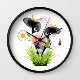 Cute Holstein cow in grass Wall Clock
