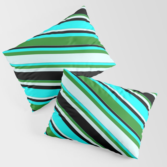 Aqua, Forest Green, Light Cyan, and Black Colored Lines/Stripes Pattern Pillow Sham
