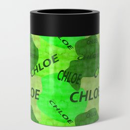 pattern with the name Chloe in green colors and watercolor texture Can Cooler