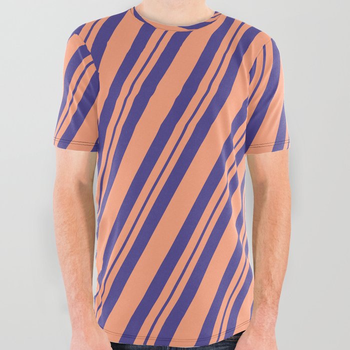 Light Salmon and Dark Slate Blue Colored Lines/Stripes Pattern All Over Graphic Tee