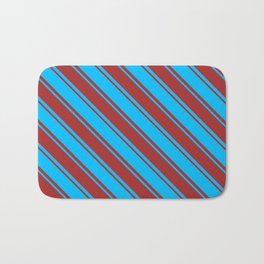 [ Thumbnail: Deep Sky Blue & Brown Colored Striped Pattern Bath Mat ]