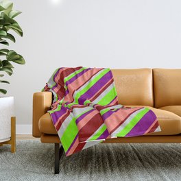 [ Thumbnail: Light Grey, Green, Purple, Salmon, and Dark Red Colored Striped Pattern Throw Blanket ]