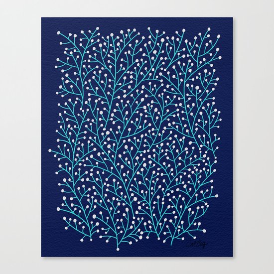 Berry Branches - Turquoise on Navy Canvas Print