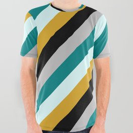 [ Thumbnail: Eyecatching Grey, Teal, Light Cyan, Goldenrod & Black Colored Lines Pattern All Over Graphic Tee ]