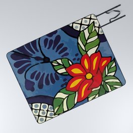 Vintage boho chic blue flower colorful mexican tile folk art  Picnic Blanket