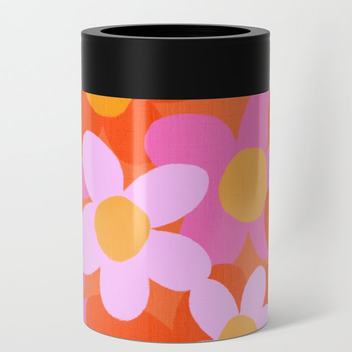 Cheerful Spring Flowers 70’s Retro Orange on Yellow Can Cooler