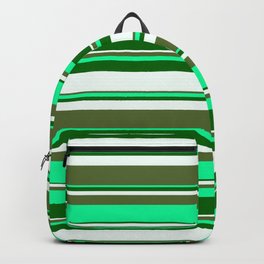 [ Thumbnail: Green, Dark Green, Mint Cream, and Dark Olive Green Colored Stripes/Lines Pattern Backpack ]