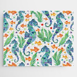 Seahorse Watercolor Pattern - Blue Green & Orange Jigsaw Puzzle