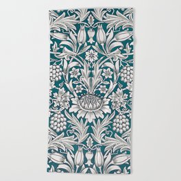 Modern Teal Blue William Morris  Floral Leaves Pattern  Beach Towel