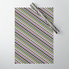 [ Thumbnail: Vibrant Green, Violet, Dark Slate Gray, White & Black Colored Lined Pattern Wrapping Paper ]
