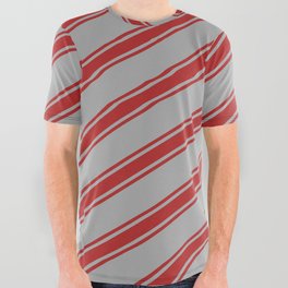 [ Thumbnail: Dark Gray & Red Colored Lined/Striped Pattern All Over Graphic Tee ]