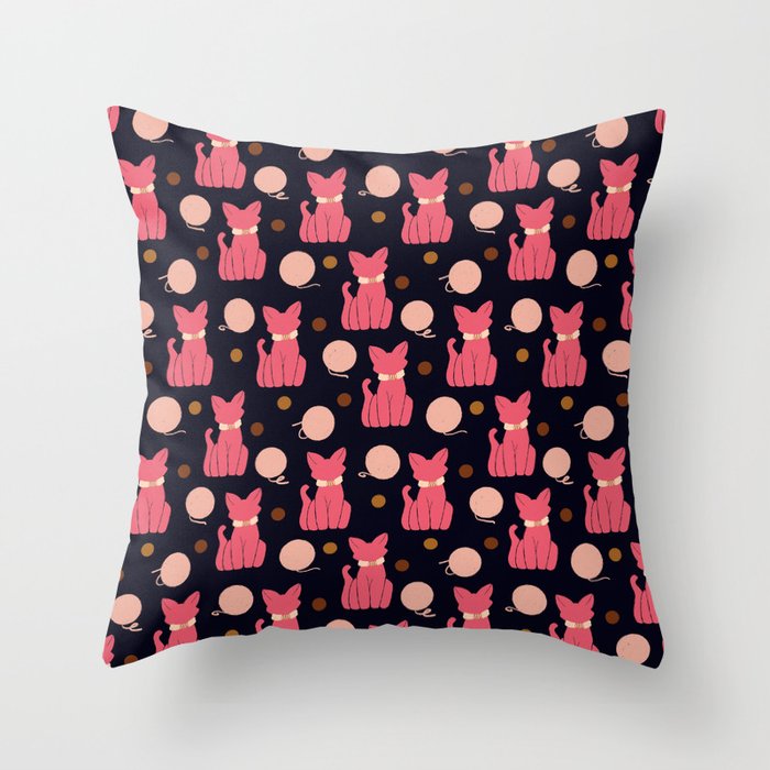 Cat Pattern Pink on Navy Throw Pillow