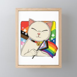 Cute Cat Holding Progress Pride Flag Framed Mini Art Print