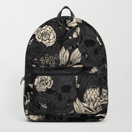 Skulls and Flowers Black Beige Vintage Backpack