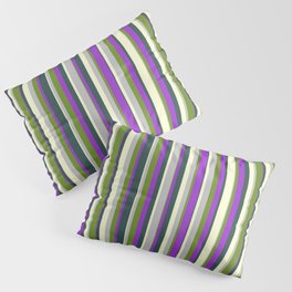 [ Thumbnail: Colorful Light Yellow, Dark Slate Gray, Dark Orchid, Green, and Grey Colored Striped Pattern Pillow Sham ]