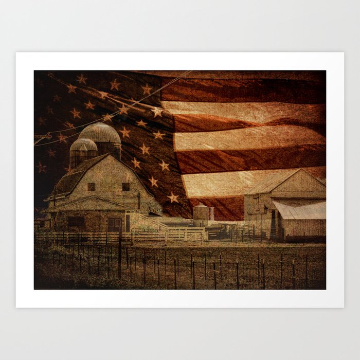 Rustic Barn Americana Heartland Farmhouse Country Flag Decor Art