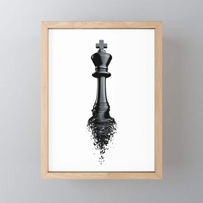 Farewell to the King / 3D render of chess king breaking apart Framed Mini Art Print