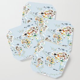 Cartoon animal world map for children and kids, Animals from all over the world, back to school Coaster