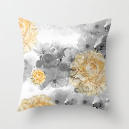 CHERRY BLOSSOMS AND YELLOW ROSES GRAY and WHITE Throw Pillow