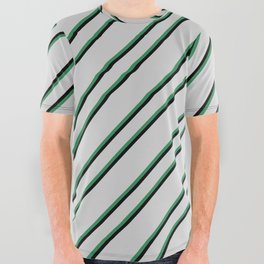 [ Thumbnail: Light Grey, Sea Green, and Black Colored Pattern of Stripes All Over Graphic Tee ]