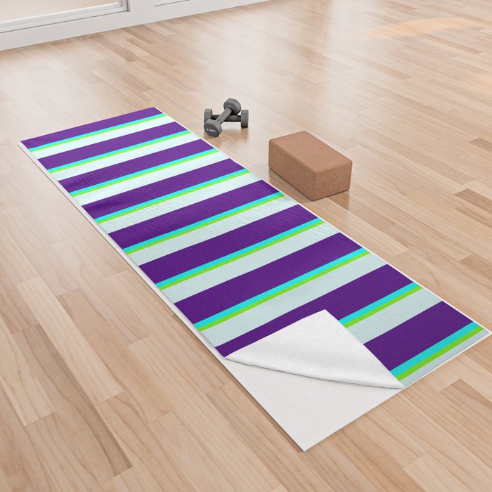 Light Cyan, Indigo, Aqua, and Green Colored Lined/Striped Pattern Yoga Towel