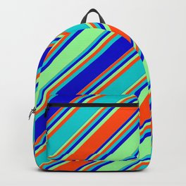 [ Thumbnail: Dark Turquoise, Blue, Green, and Red Colored Striped Pattern Backpack ]
