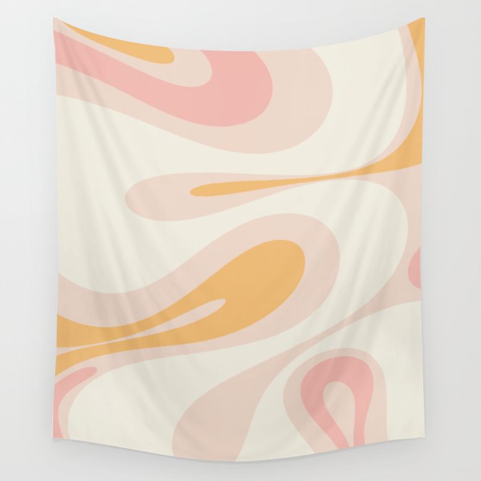 Mellow Flow Retro 60s 70s Abstract Pattern Pale Pink and Mustard Wall Tapestry