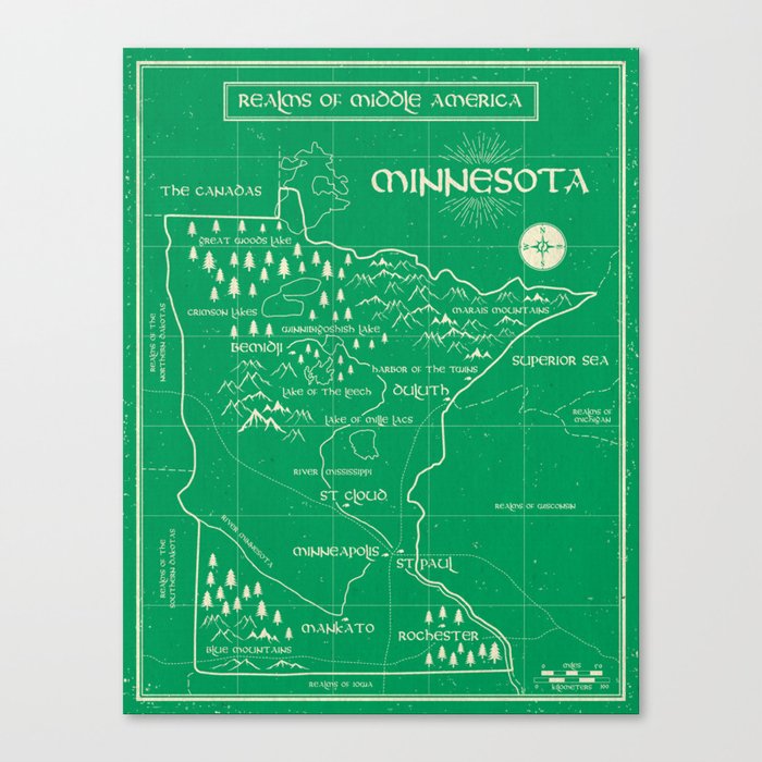Fantasy Style Map of Minnesota - Green Canvas Print