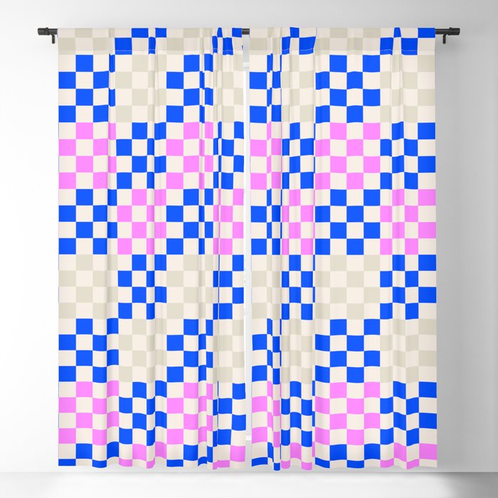 Bonbon Pink + French Blue Checkered Tiles Blackout Curtain