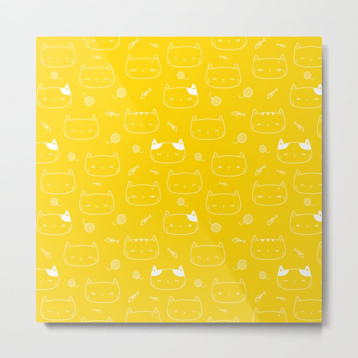 Yellow and White Doodle Kitten Faces Pattern Metal Print