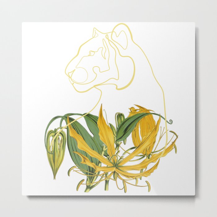 Yellow Lily Line Art Turned Tiger Head Metal Print